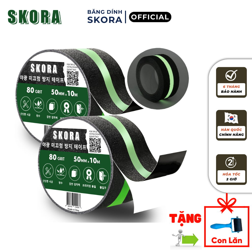 2 cuộn băng dính dạ quang chống trượt cầu thang SKORA 5cm x 10m